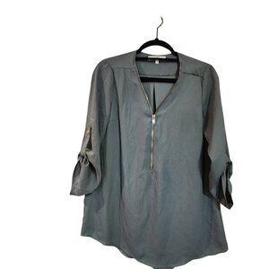 Wishful Park Womens Green 3/4 Sleeve Tunic Blouse W/ Zipper & Button Tabs Size M